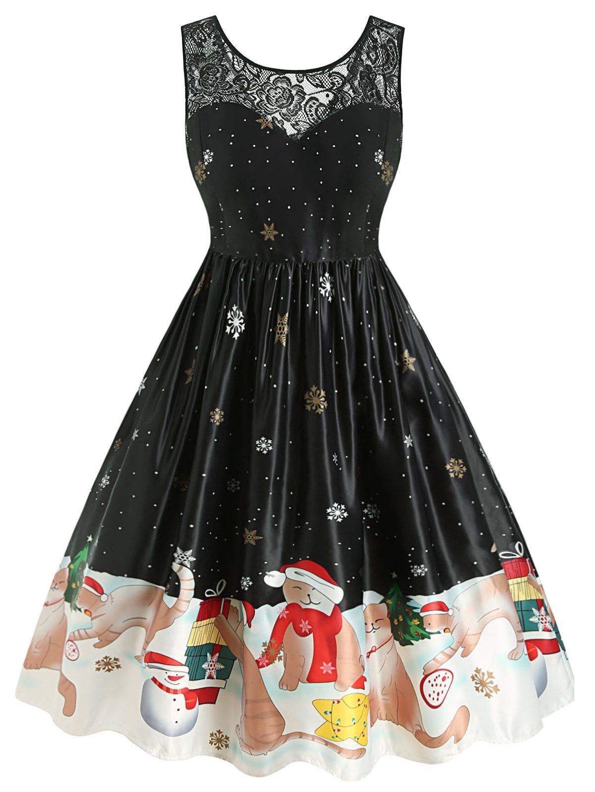 Plus Size Vintage Cat Snowflake Print Christmas Dress - BLACK L