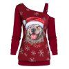 Sweat-shirt de Noël Flocon de Neige et Chien Imprimés à Col Oblique - Rouge Vineux 3XL