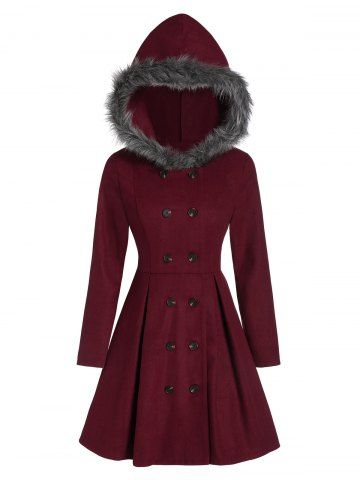 Manteau à Capuche Long Fourré à Double Boutonnage