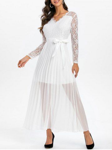 Floral Lace Panel Sheer Back Pleated Belted Dress