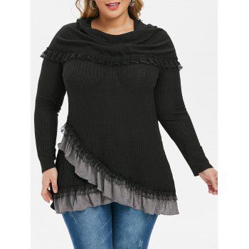 

Plus Size Cowl Neck Lace Trim Long Sleeves Knitwear, Black