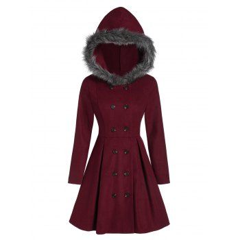 Image of Double Breasted Fur Hooded Long Coat