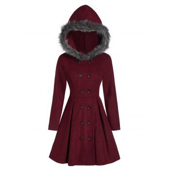 

Double Breasted Fur Hooded Long Coat, Red wine