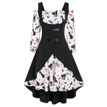 

A Line Pumpkin Print Halloween Dress with High Low Top, Black