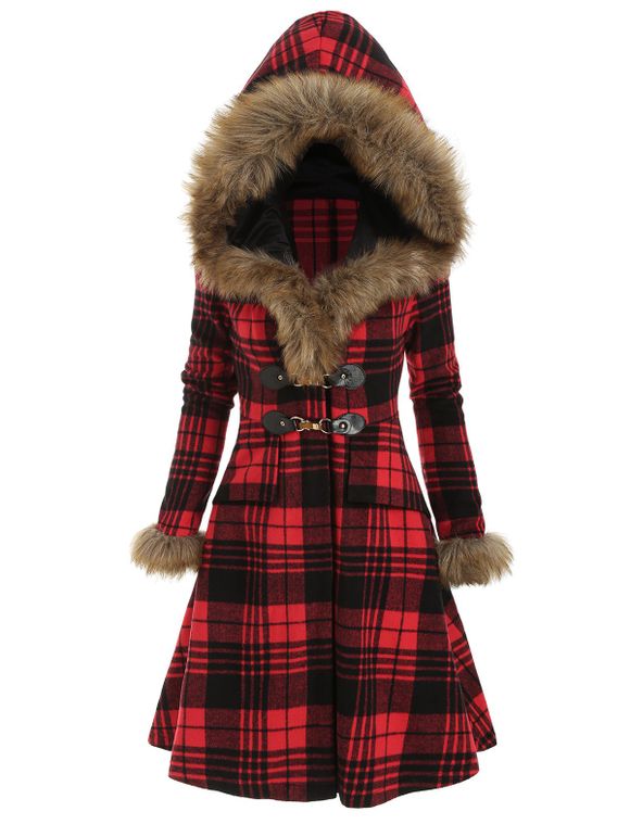Manteau à Capuche Long Simple en Fausse Fourrure - Rouge XL