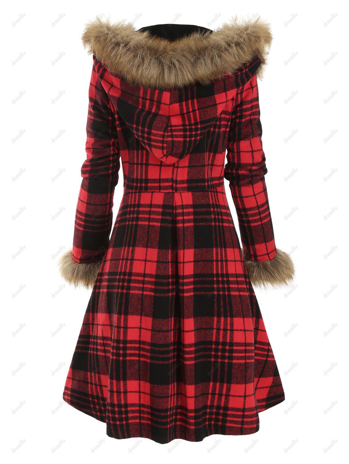 [34 OFF] 2020 Plaid Faux Fur Hood Longline Coat In RED DressLily