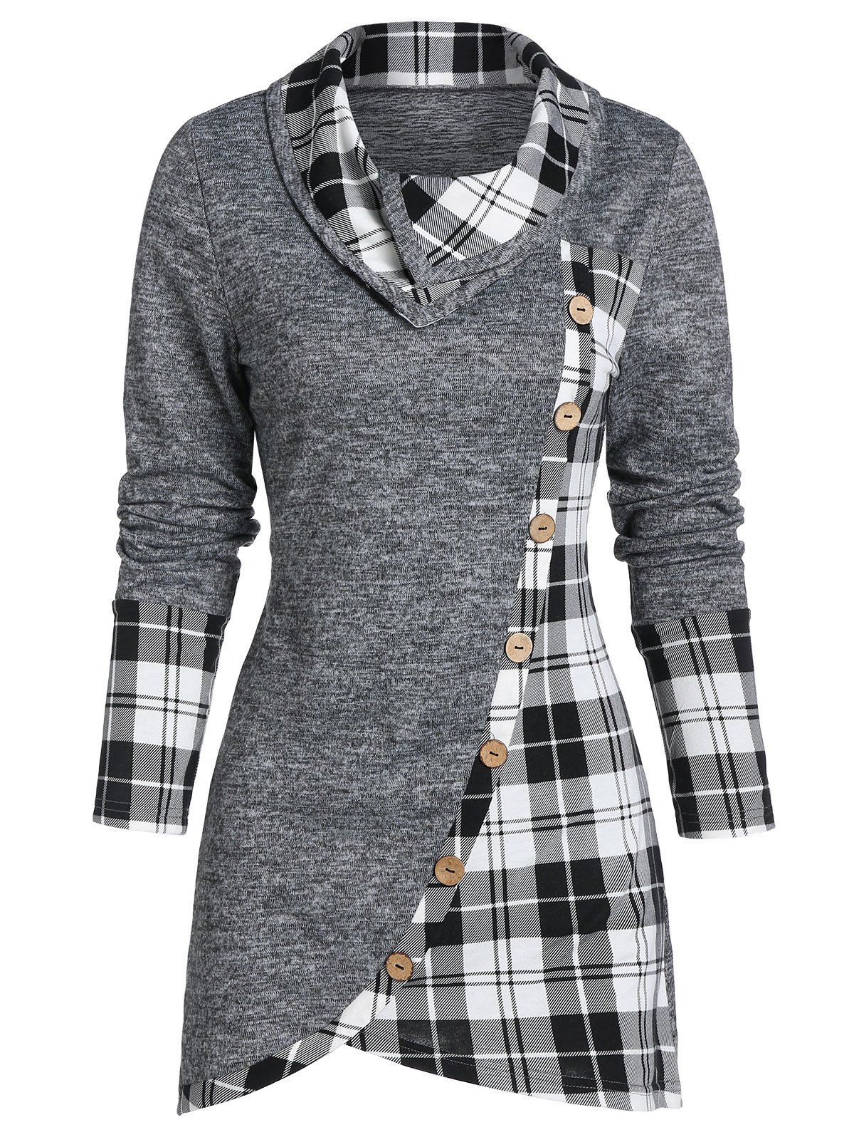 [61% OFF] 2020 Plaid Print Mock Button Long Sleeve Overlap T-shirt In ...