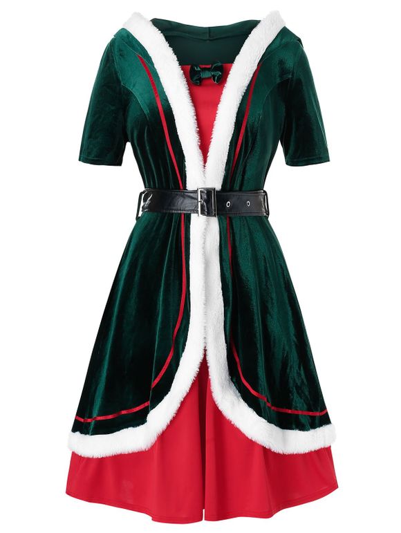 Plus Size Noël à capuchon Velvet Dress Belted Overlap - multicolor 3X