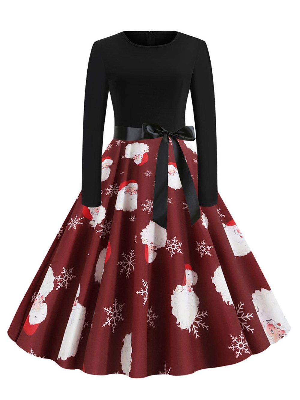 

Christmas Print Belted Long Sleeve A Line Dress, Multi