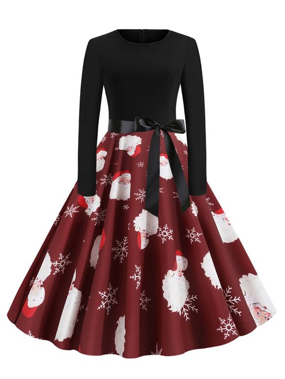 Robe de Noël Ligne A Ceinturée Imprimée à Manches Longues - multicolor 2XL