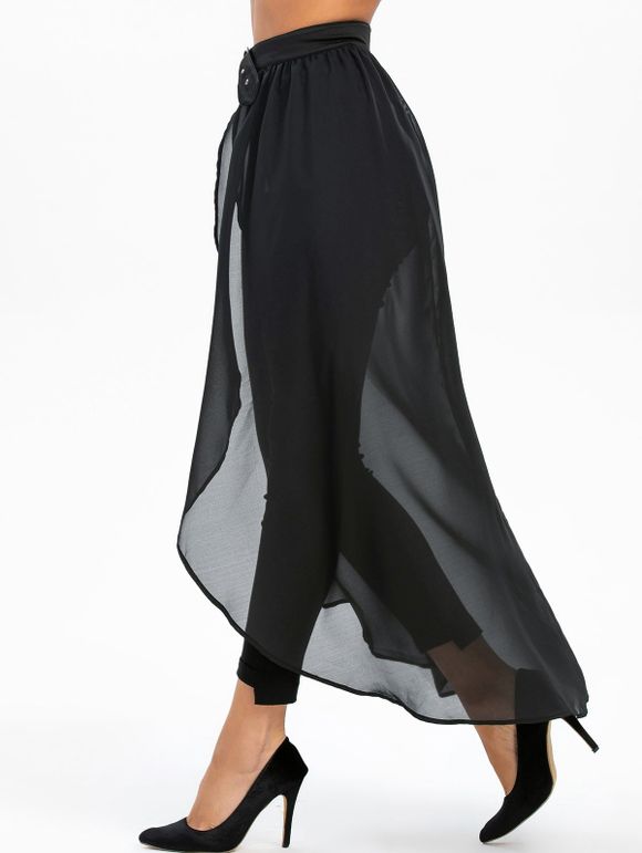 Maxi Jupe Haute Basse Transparente à Fante Haute à Bretelle Bouclée - Noir 3XL