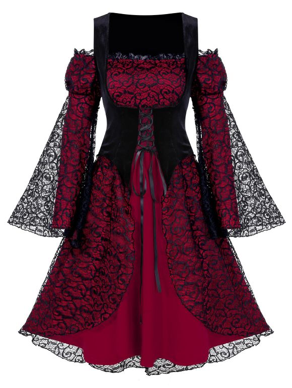 Robe d'Halloween Gothique Vampire Cosplay à Manches de Cloche - Rouge Vineux 3XL