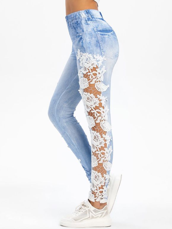Legging Panneau Applique au Crochet Transparent à Taille Haute - Bleu de Jean L
