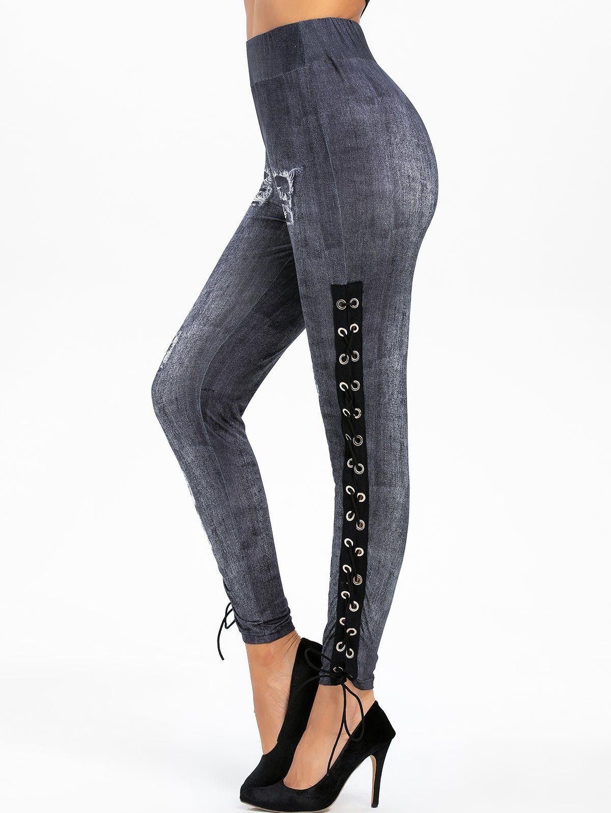 [37 Off] 2020 Grommet Lace Up Ripped High Waisted Stretchy Jeggings In