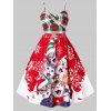 Robe de Noël Ajustée Evasée Chat Imprimé à Bretelle de Grande Taille - Rouge Lave 4X
