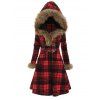 Plaid Faux Fur Hood Longline Coat - RED L