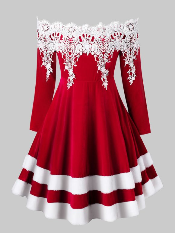 Robe de Noël à Epaule Dénudée de Grande Taille en Fausse Fourrure en Velours - Châtaigne Rouge 1X