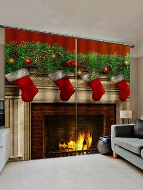 2 Panels Christmas Fireplace Stockings Print Window Curtains