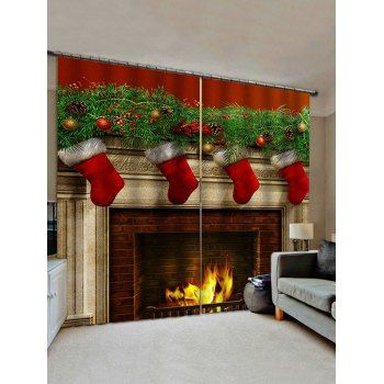 2 Panels Christmas Fireplace Stockings Print Window Curtains