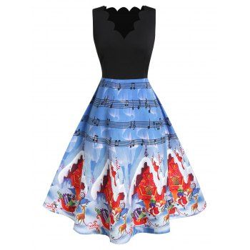

Plus Size Christmas Scalloped Printed A Line Dress, Deep sky blue