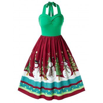 

Plus Size Vintage Halter Snowman Print Christmas Swing Dress, Medium spring green
