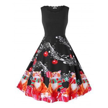 

Plus Size Vintage Cat Print Christmas Pin Up Dress, Black