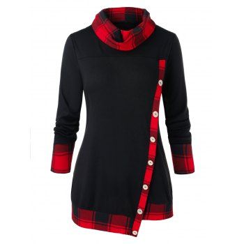 

Plus Size Checked Panel Tunic Button T Shirt, Black