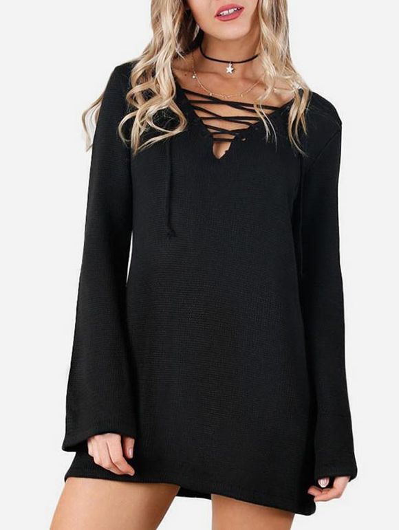 Lace Up Flare Sleeves Solid Knitwear - BLACK XL