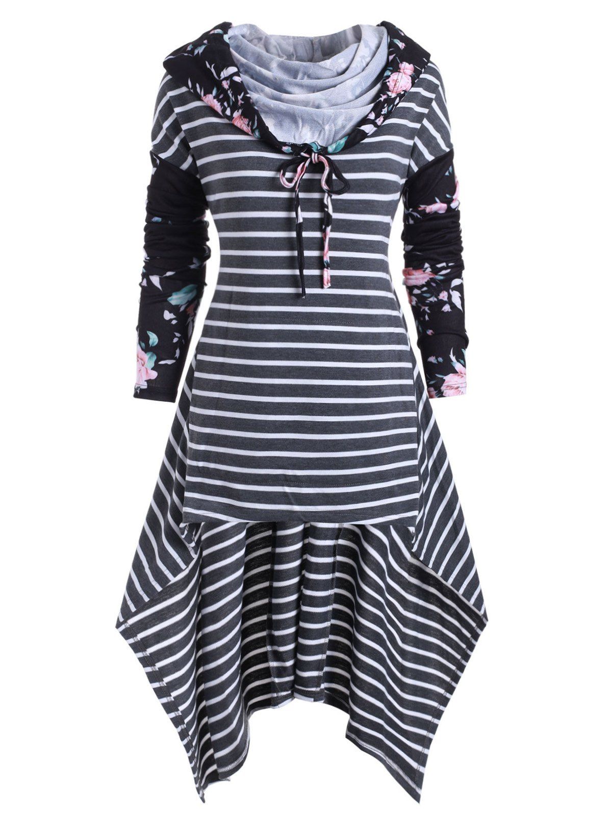 

Floral Stripes High Low Longline Plus Size Top, Gray