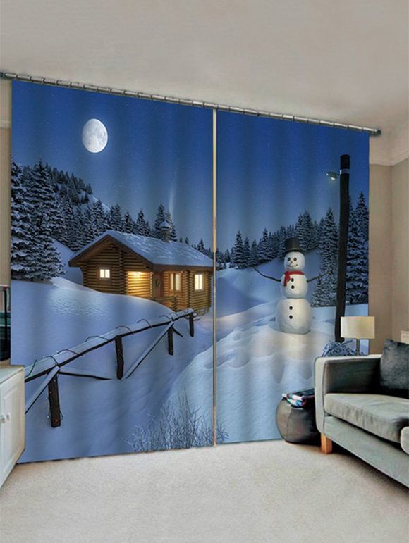 Rideaux de Fenêtre de Noël Bonhomme de Neige et Nuit Imprimés 2 Panneaux - multicolor W28 X L39 INCH X 2PCS
