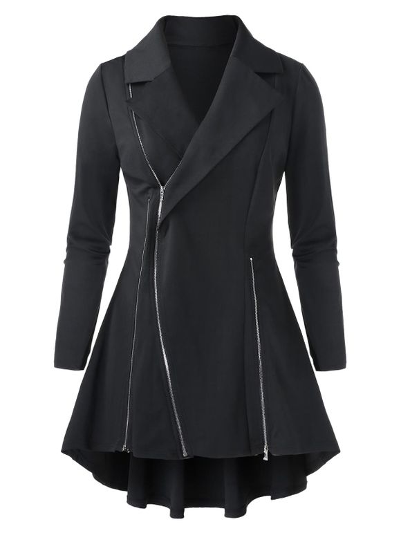 Manteau Tunique Zippé en Couleur Unie Grande Taille - Noir 1X