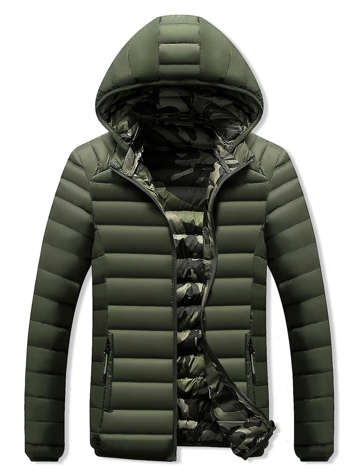 [39% OFF] 2020 Camo Lined Zip Up Puffer Jacket In ARMY GREEN | DressLily