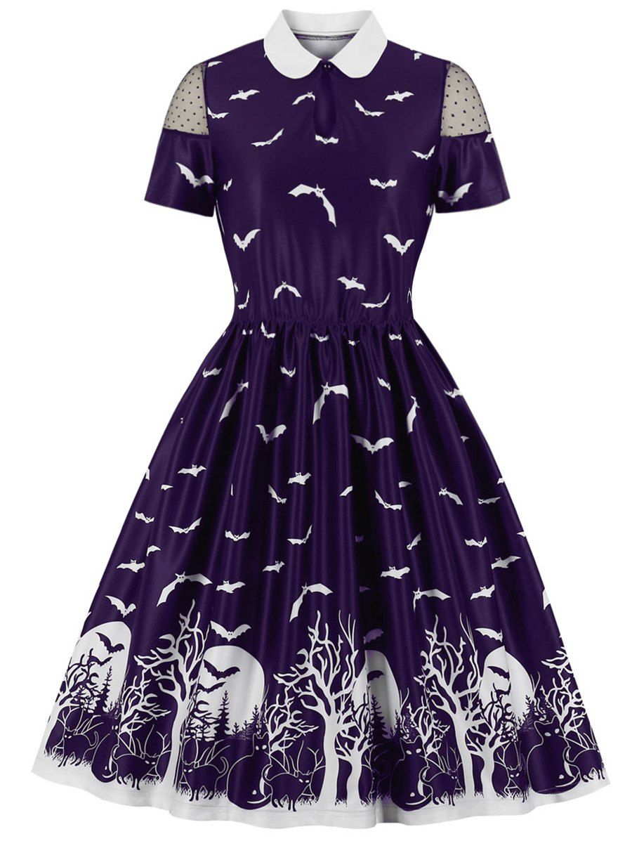 Bat Print Keyhole Swiss Dot Panel Halloween Dress - PURPLE IRIS M