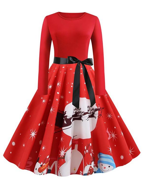 Plus Size Bonhomme de neige de Noël Imprimer Robe ceinturée Vintage - Rouge 2X