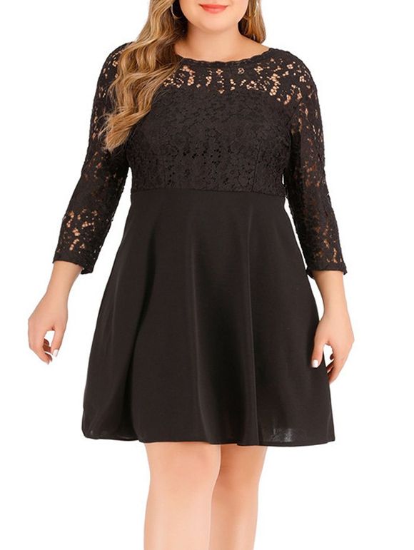 Plus Size Lace Panel dos ouvert Mini robe - Noir 4X