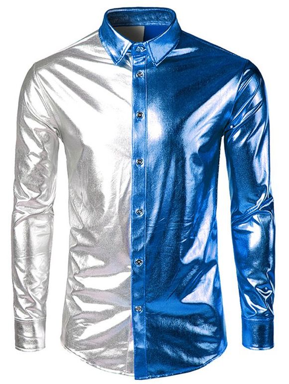 Chemise Bicolore Boutonnée Métallique à Manches Longues - Bleu L