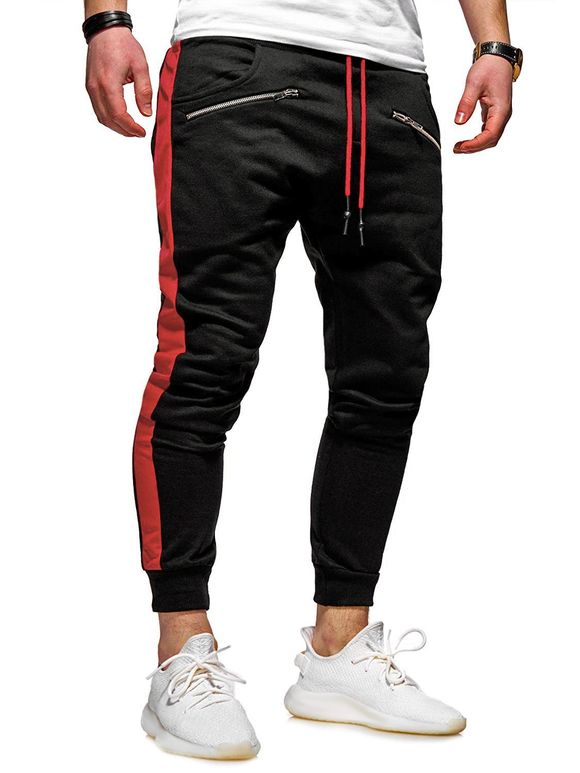 Pantalon de Sport de Jogging Zippé à Ourlet Contrasté avec Poche - Rouge M