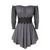 T-shirt Contrasté en Dentelle à Epaule Dénudée Grande Taille - Gris Foncé 5X