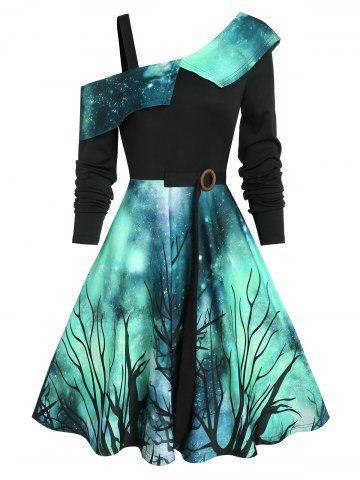 Robe Asymétrique d'Halloween Ciel Etoilé à Col Oblique