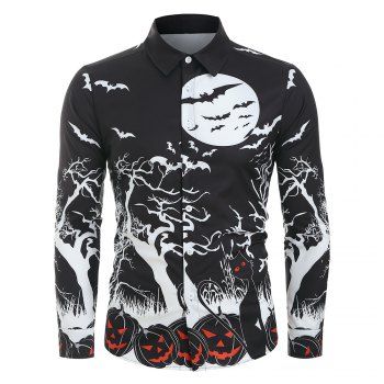 

Halloween Night Pumpkins Print Button Up Long Sleeve Shirt, Black