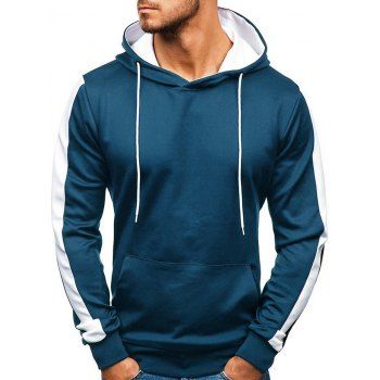 

Contrast Tape Sleeve Kangaroo Pocket Fleece Pullover Hoodie, Blue