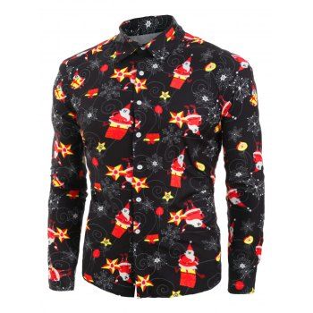 

Christmas Santa Claus and Snowflake Print Button Up Shirt, Black