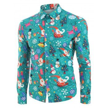 

Christmas Santa Claus and Snowman Print Button Up Shirt, Macaw blue green
