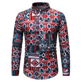 

Geometric Pattern Long-sleeved Button Down Shirt, Multicolor a