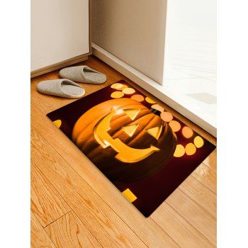 

Halloween Pumpkin Face Pattern Print Flannel Floor Mat, Orange gold