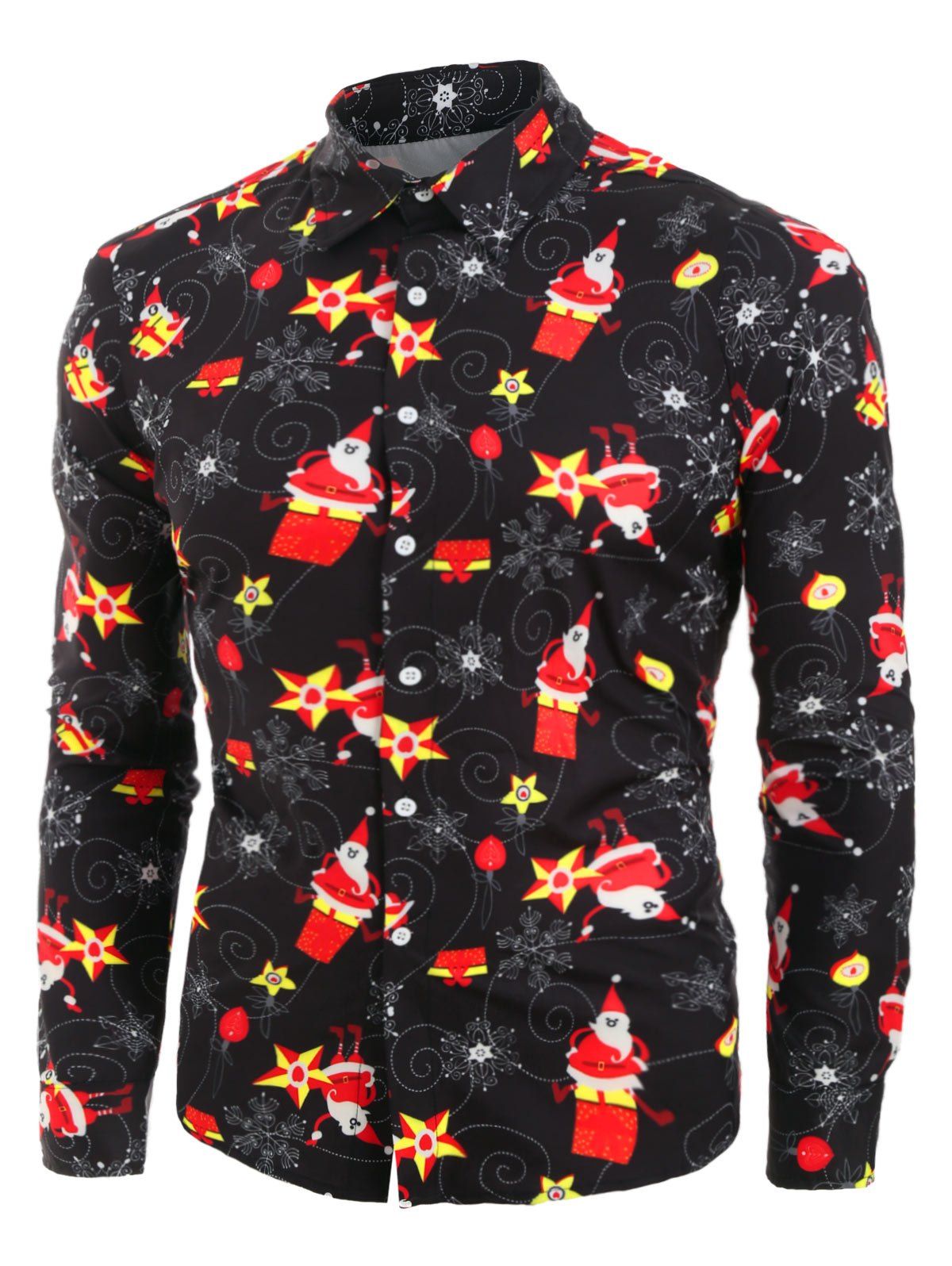 Chemise Boutonnée Père Noël et Flocon de Neige Imprimés - Noir 3XL