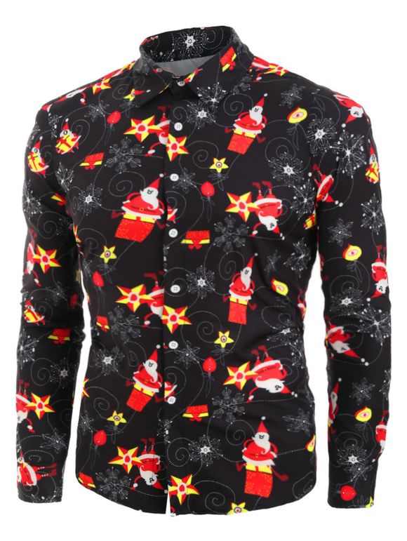 Chemise Boutonnée Père Noël et Flocon de Neige Imprimés - Noir XL