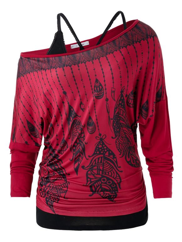 Plus Size Skew Neck Feather Print T Shirt And Tank Top Set - RED WINE 3X