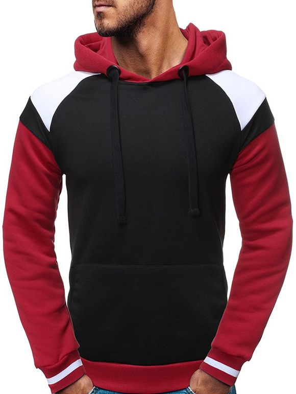 Sweat à Capuche Contrasté avec Poche Kangourou à Manches Raglan en Laine - Noir S