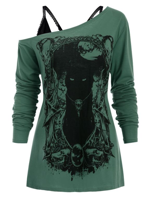 T-shirt Gothique Chat à Col Oblique avec Haut à Bretelle - Vert Noisette 3XL